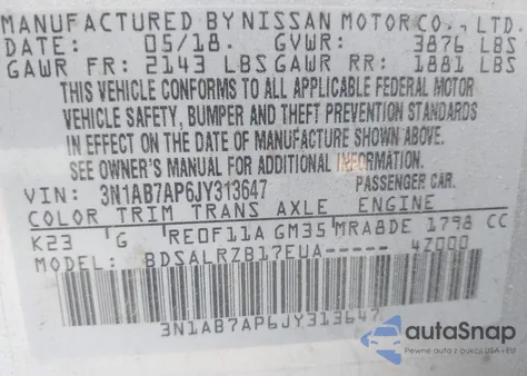 2018 Nissan Sentra Sr из США, поврежденный, VIN 3N1AB7AP6JY313647